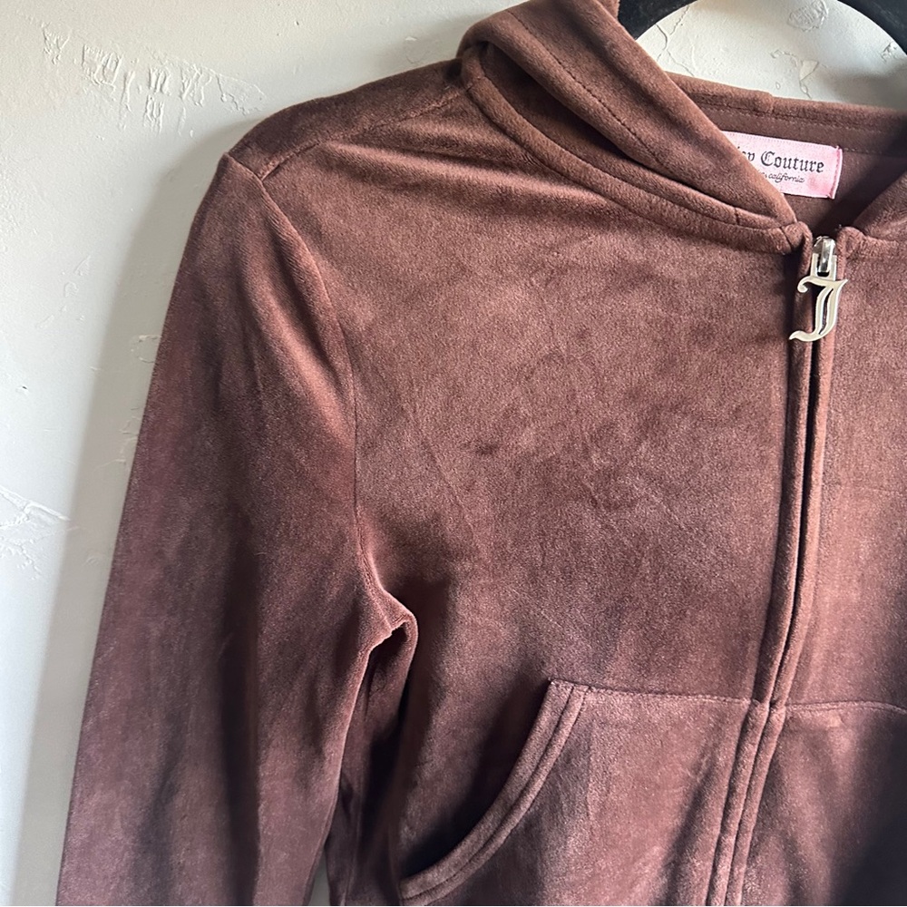 Juicy Couture Brown Velour Hoodie Rhinestone Y2K Cropped Full Zip‎ Sz S - Picture 4 of 11
